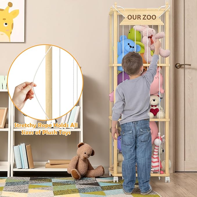 SANXUO Wooden Stuffed Animal Storage Organizer,Hanging & Rolling Toy Storage,Space-Saving Plush Zoo Cage Holder for Kids’Bedroom, Nursery, Playroom,White Elephant Gifts for Boys & Girls