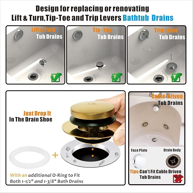 Artiwell Universal Tip Toe Bath Drain Stopper and Cover, Bathtub Drain Stopper, Replaces Lift and Turn, Tip-Toe and Trip Lever Drains for Tub, EZ Installation and Clearing (Brushed Gold)