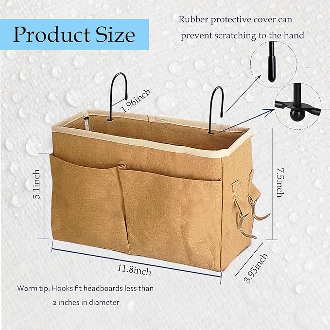 Bedside Caddy Bedside Hanging Storage Basket Multi-Function Organizer Caddy for Bunk and Hospital Beds Dorm Rooms Bed Rails, Can be Placed Glasses Books Mobile Phones（2pcs Dark khaki）