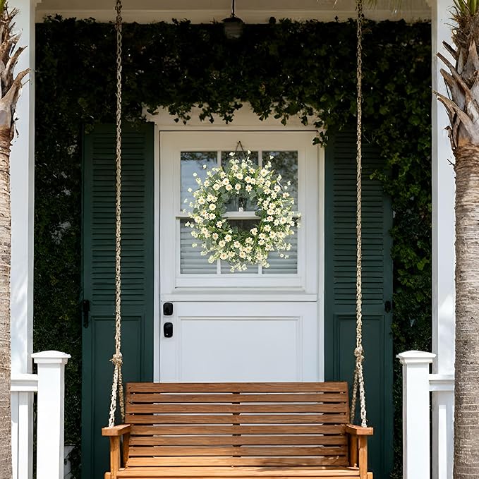 Pinkpum 22 Inch Artificial Daisy Flower Wreath with Eucalyptus Leave Silk Flower White Berries Spring Summer Wreath for Front Door Wall Decor