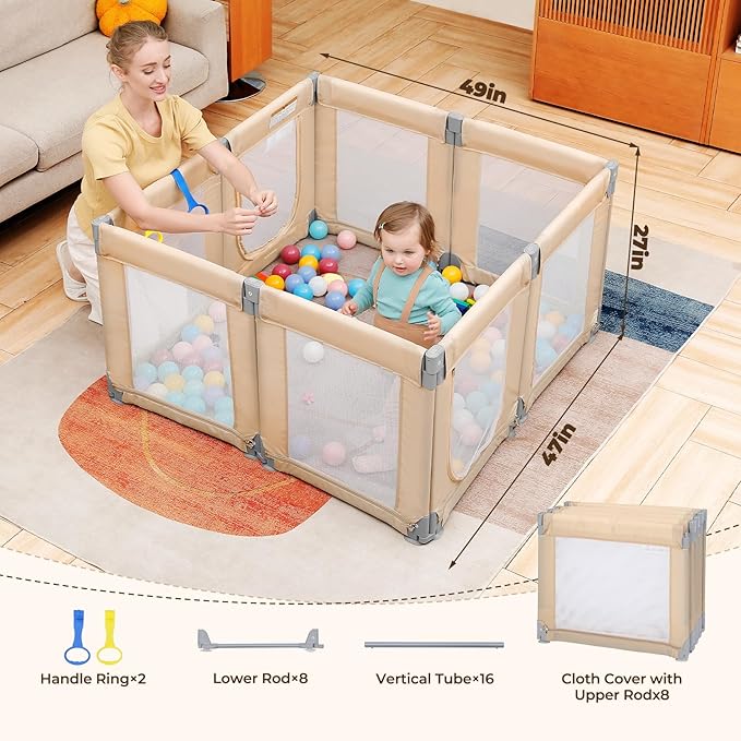 Dripex Small Foldable Baby Playpen, 49"x47" Small Space Play Yard for Travel - Portable Collapsible Play Pen for Babies, Indoor Outdoor Baby Fence, Beige