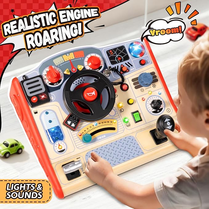 Toddler Busy Board Toy for Steering Wheel with Sounds & Lights, Sensory Montessori Toy for 3 Year Old Boys Girls Birthday Present, Wooden Travel Toys for Kids Ages 3