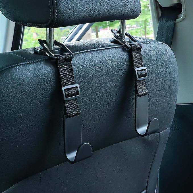 Amooca Car Headrest Hooks 4 Pack Adjustable Universal Fit Auto Seat Back Organizer Storage Hanger Purse Bags Holder with Clip Black