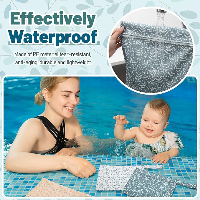 Reginary 8 Pack Wet Dry Bags Waterproof Reusable Travel Zipper Pouch for Baby Cloth Diapers, Swimsuits, Wet Clothes, Toiletries, Beach, Pool, Yoga Gym Bag, 2 Sizes (Leaf Style)