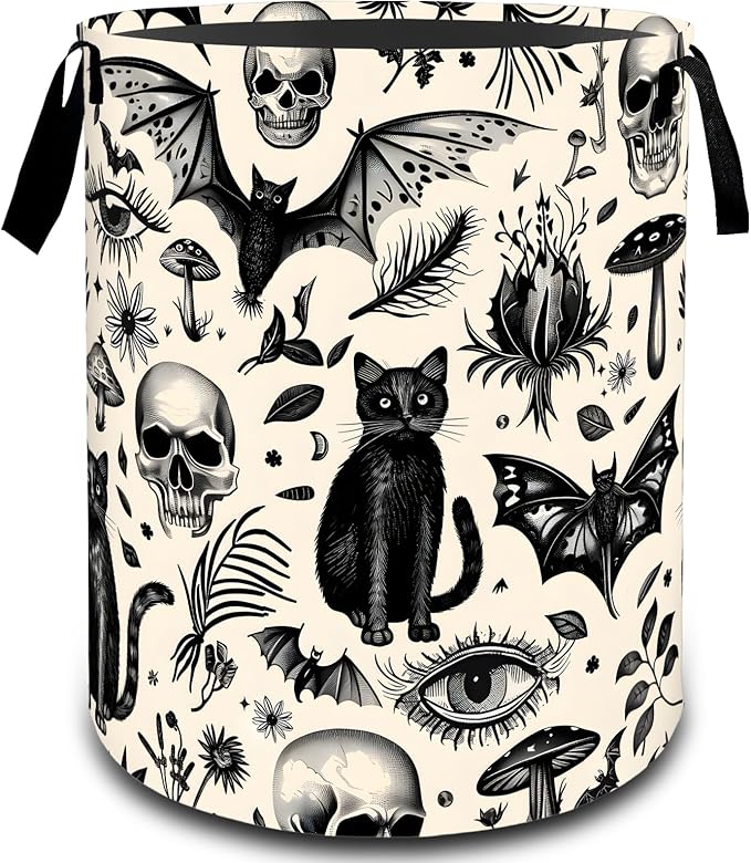 VODRM Gothic Black Cat Skull Bat Laundry Basket, Dirty Collapsible Clothes Toy Organizer Hamper for Kids Adults, Oxford Cloth Waterproof Storage Bin for Bathroom Halloween Decor Gifts, 19.7"X15.7"
