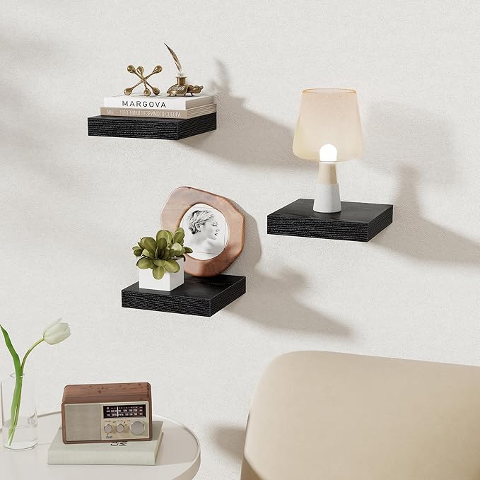 Fun Memories Small Floating Shelves for Wall - 8 Inch Square Wall Shelves with Invisible Brackets, Black Shelves for Bathroom, Living Room, Bedroom, and Kitchen Decor, Set of 3