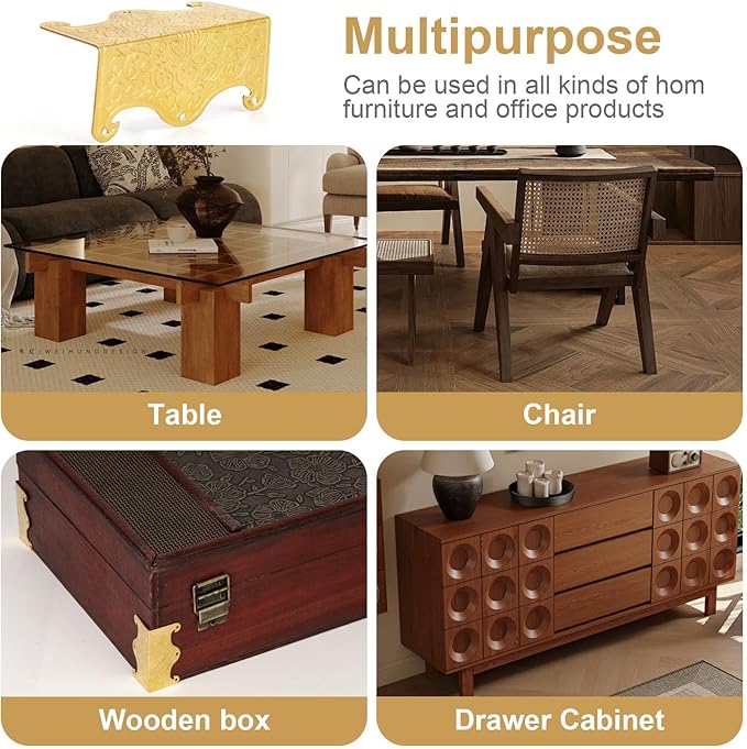4 Pcs Baseboard Corner Protectors,Vintage Metal Skirting Board Corner Protectors for File Boxes,Bookshelves,Wooden Cases,Jewel Cases Decorative (Gold)