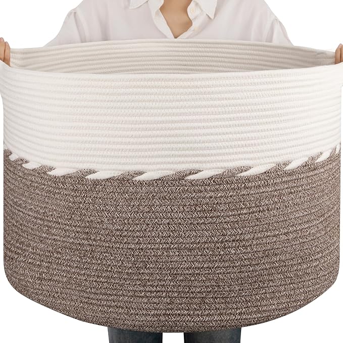 OIAHOMY 105L Blanket Basket for Living Room, Large Basket 23.6" x 23.6" x 14.6" with Handle, Laundry Hamper for Blankets, Pillows, Toy Storage for Kids, Dogs - Brown & White