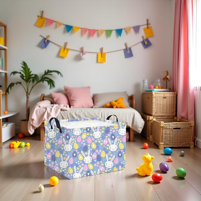 TIBAOLOVER Rectangular Storage Basket for Kids & Baby - Cute & Functional Toy Storage Bin, Organizer, Shelf or Book Basket - Easter Room Decor with Flower & Easter Egg Design