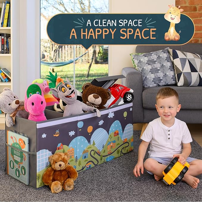 SoftOwl Extra Large Toy Storage Organizer with Lid - Sturdy, Collapsible Toy Chest Storage Box with Cute Design - Toys Bin with Dividers for Kids, Boys, Girls, Nursery, Bedroom, Play room 37"x16"x14"