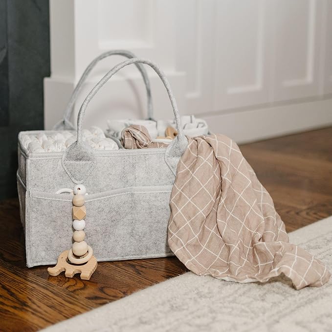 PUTSKA Baby Diaper Caddy Organizer - Nursery Storage Basket for Diaper Station, Baby Basket Shower List and Registry Gift Must-Haves, Newborn Essentials, Nursery Decor for Boy or Girl - Grey, Regular