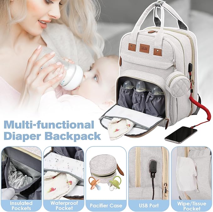 JSTPRO Diaper Bag Backpack, Large Diaper Bag with Changing Station, New Mom Gifts, Lightweight Waterproof Unisex Diaper Bag with Insulated Pockets and USB Charging Port, Beige