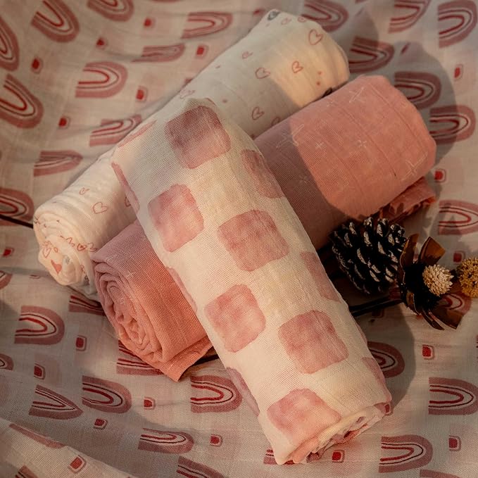 Muslin Swaddle Blankets for Newborn, 4 Pack Cotton Baby Blanket, Large 31.5 x 43.3 Breathable Soft Receiving Blankets Girl, Essentials Swaddle Wrap Burping Clothes, Pink Rainbow