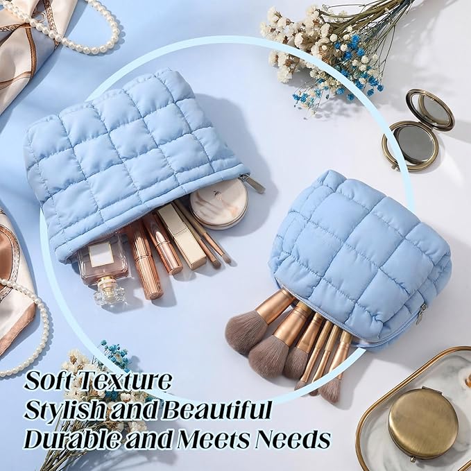 2 Pcs Puffy Makeup Bag Quilted Cosmetic Pouch for Women Cute Checkered Travel Toiletry Bag Puffer Makeup Organizer Purse Pouch Preppy Pencil Case with Zipper(Blue)