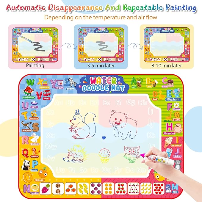 Water Doodle Mat 32 x 24 Inch Kids Water Painting Writing Drawing Mat Toy,Mess Free Coloring Extra Large Magic Educational Toys for Boys Girls Age 3 4 5 6 7 8 Year Old Christmas Birthday Present