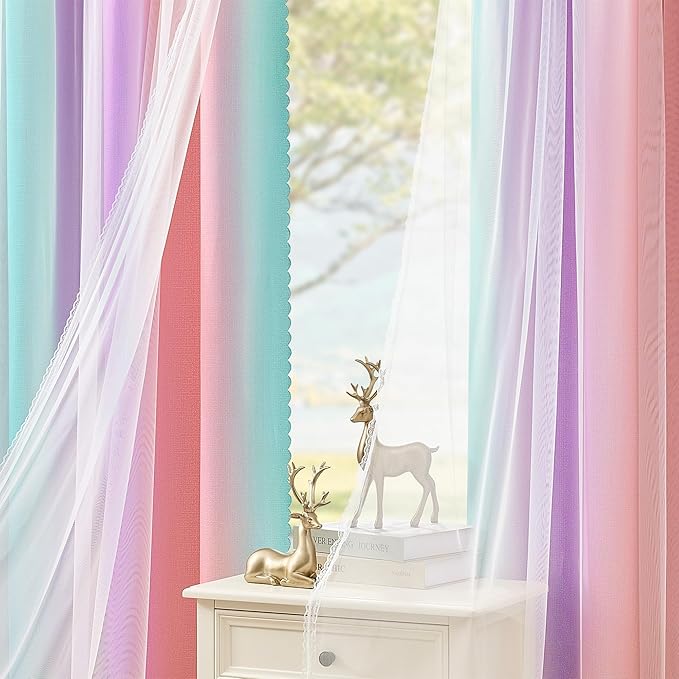 XiDi Blackout Curtains for Girls Kids Bedroom 63 Inches Long 2 Panels Thermal Insulated Colorful Rainbow Pink Curtains with Sheer Overlay Unicorn Wall Decor Princess Drapes Pink Purple Green 34Wx63L