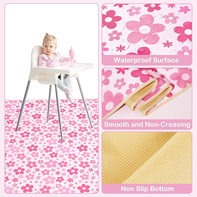 Basumee Splat Mat High Chair Mat Waterproof Baby Play Splat Mat for Under High Chair Food Catcher Highchair Mat for Floor Non Slip Bottom, Pink Flowers, 46x42 Inches