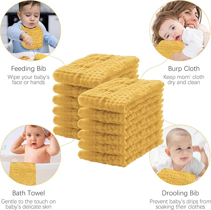 Lovely Care 12 Pack Muslin Burp Cloths 100% Cotton Muslin Cloths Large 20''x10'' Extra Soft and Absorbent Baby Burping Cloth - Honey