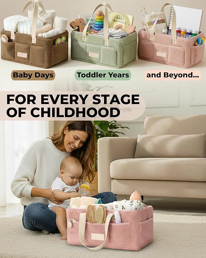 Toodly Baby Diaper Caddy Organizer with Portable Changing Mat - Teddy Fleece Diaper Organizer for Changing Table - Basket for Changing Essentials - Baby Essentials Organizer with Removable Dividers