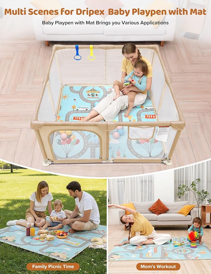 Dripex Baby Playpen with Mat, 47"x47" Play Pen for Toddlers 1-3 Years, Soft Breathable Visible Mesh, Indoor/Outdoor Portable Play Yard with Mat, Safe Baby Fence Play Area, Beige