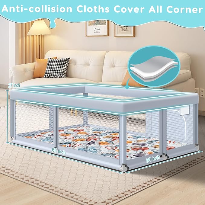 Fshibila 65" ×50" Large Baby Playpen with Mat, Baby Playard for Babies and Toddlers, Play Pens for Indoor & Outdoor, Sturdy Safety Play Yard with Soft Breathable Mesh, Anti-Fall, Grey