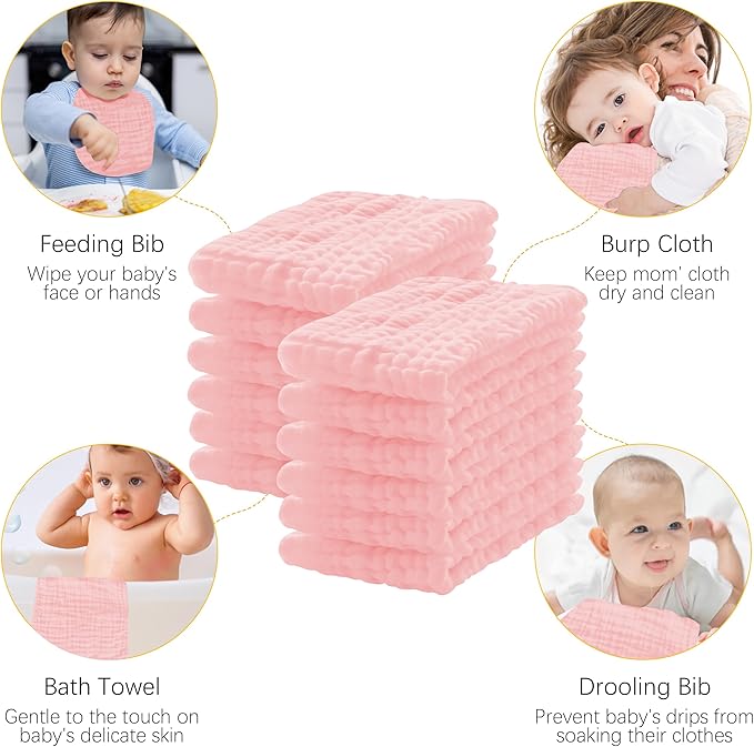 Lovely Care 12 Pack Muslin Burp Cloths 100% Cotton Muslin Cloths Large 20''x10'' Extra Soft and Absorbent Baby Burping Cloth - Pink