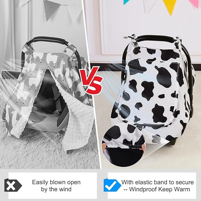 FIOBEE Baby Car Seat Cover, Car Seat Covers for Babies Infant Car Seat Canopy with Breathable Mesh Window Waterproof Carseat Cover for Babies Boy Girl 4 Seasons, White/Cow