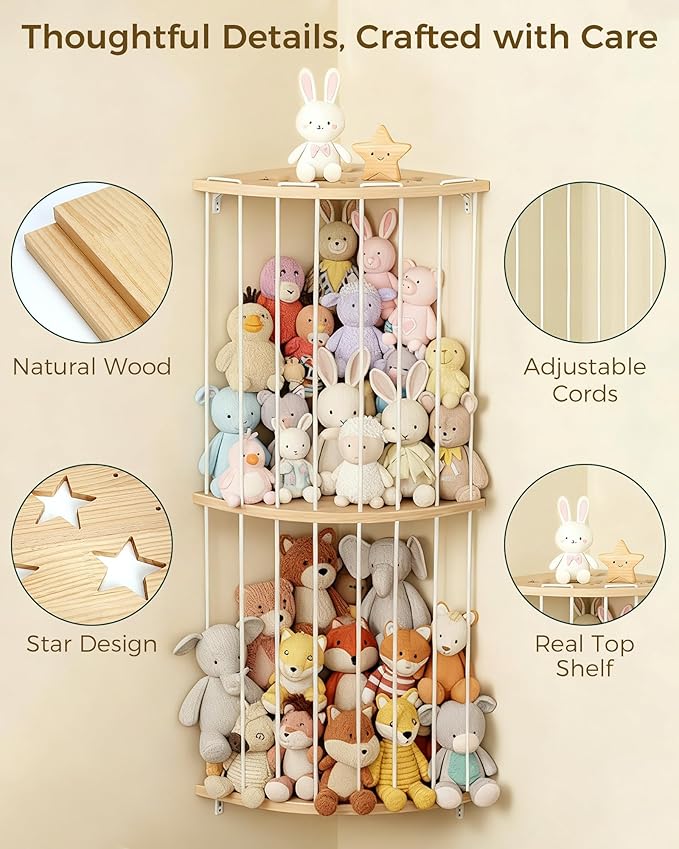 Feagar Three Tier Stuffed Animal Storage Wood Corner Plush Toys Holder, Adjustable Hanging Stuffed Animal Organizer Shelf for Nursery Playroom Bedroom