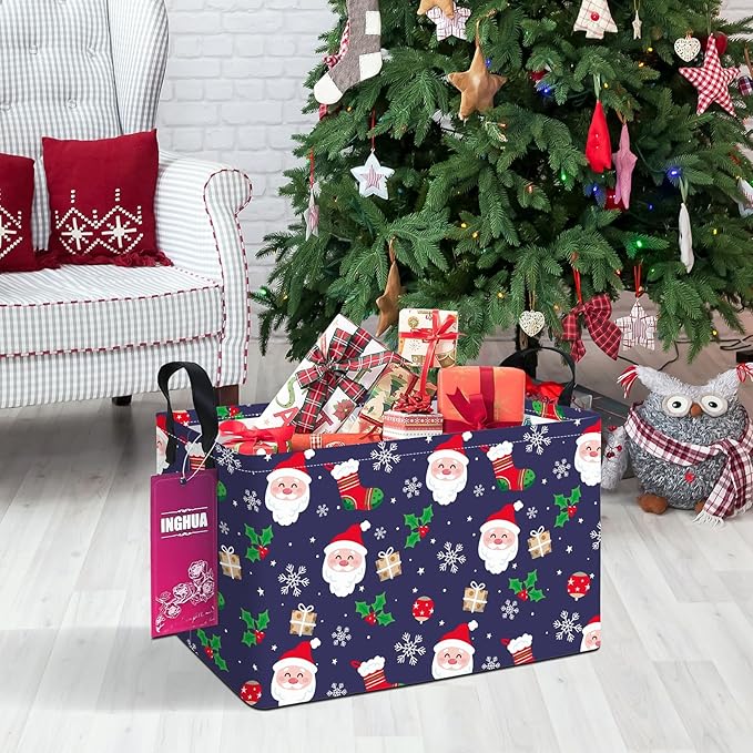 INGHUA Rectangular Christmas Storage Basket Fabric Organizer Bin for Toys,Books,Clothes,Gifts,Pets-Perfect for Home,Office,Nursery,Dorm,Shelf(Rec-Christmas gift basket)
