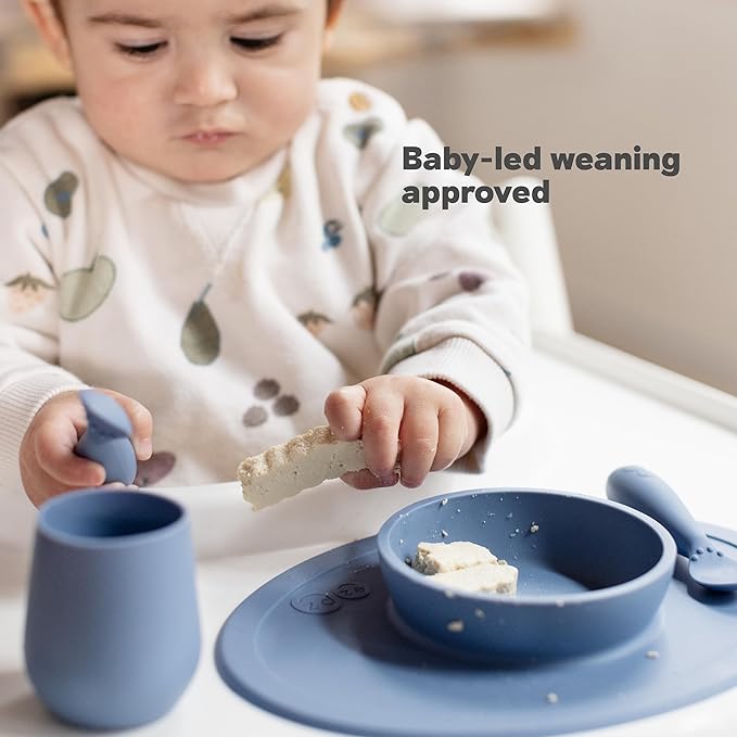 ezpz Tiny Bowl (Pewter) - 6 Months+ - 100% Silicone Suction Placemat + Bowl for Infants - Fits All Highchair Trays - Baby-Led Weaning Supplies
