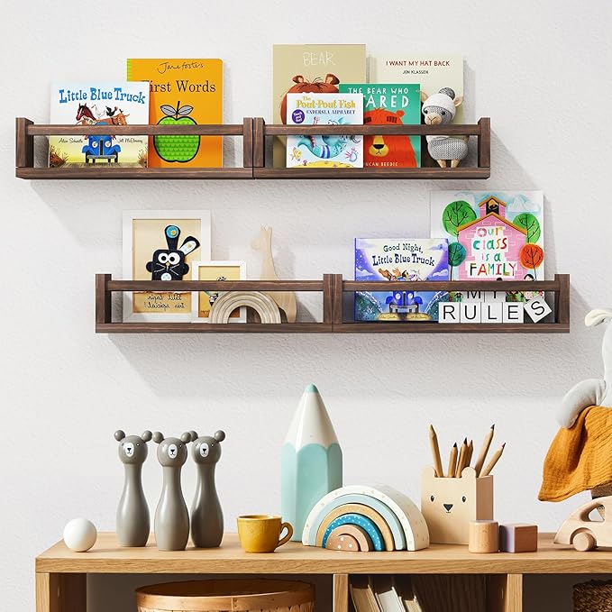 Fixwal Nursery Book Shelves, 16.5 Inch Floating Bookshelves for Nursery and Playroom Decor, Set of 4, Solid Wood Wall Mounted Shelves for Books and Toys Storage (Brown)