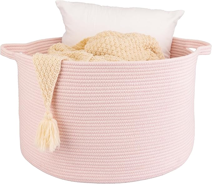 XUANGUO Large Cotton Rope Basket Blankets Basket Living Room 22"x14" Toy Baskets for Kids and Dogs Rope Storage Baskets for Nursery Woven Laundry Baskets for Clothes Towels Baby Toy Storage Round pink