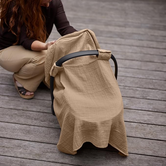 Car Seat Cover Baby - Organic Muslin Cotton - Carseat Canopy - 43" x 32" 2-Pack (Soft Grey/Natural)