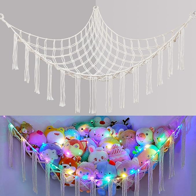 Basumee Stuffed Animals Net or Hammock with LED Light, Hanging Stuffed Animals Storage Toy Hammock Net Corner Wall Girls Room Decor Toy Storage Organizer, White, L