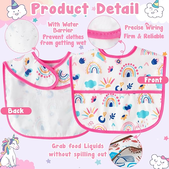 2ooya Baby Bibs for Eating - 6Pcs Toddler Waterproof Feeding Bibs with Crumb Catcher Pocket Adjustable Sleeveless Teething Plastic Food Bib Set Infant Keepsake Gift for Baby Shower, 6-24 Months