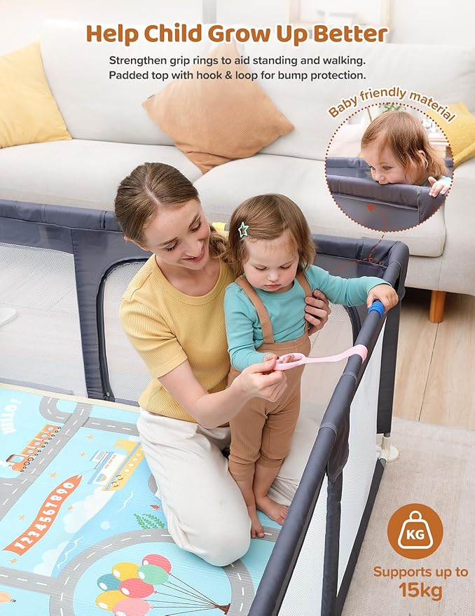 Dripex Baby Playpen with Mat, 71"x47" Play Pen for Toddlers 1-3 Years, Soft Breathable Visible Mesh, Indoor/Outdoor Portable Play Yard with Mat, Safe Baby Fence Play Area, Dark Grey