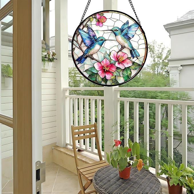 JOSUMALY Stained Glass Window Hanging - Blue White Hummingbirds Pink Flowers Suncatcher for Door Terrace Garden Home Decor Bird Sun Catcher Birthday Gifts for Lovers Women Men Dad Mom Nana 11.8 in
