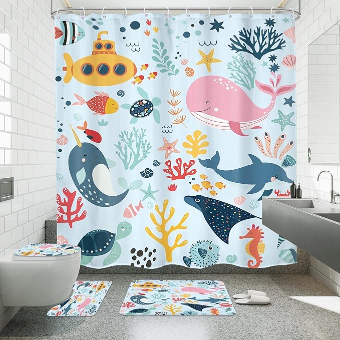 4 PCS Blue Kids Bathroom Set Summer Ocean 72Wx72H Shower Curtain Set Bath Rug Toilet Lid Cover Nonslip U Shape Mat Whale Funny Cartoon Cute Animal Resistant Accessories 12 Hooks Bathroom Decor