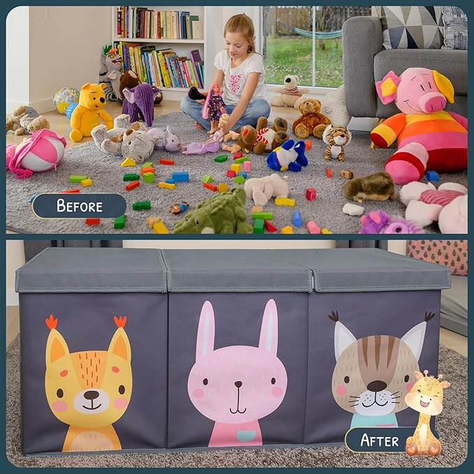 SoftOwl Extra Large Toy Storage Organizer with Lid - Sturdy, Collapsible Toy Chest Storage Box with Cute Design - Toys Bin with Dividers for Kids, Boys, Girls, Nursery, Bedroom, Play room 37"x16"x14"
