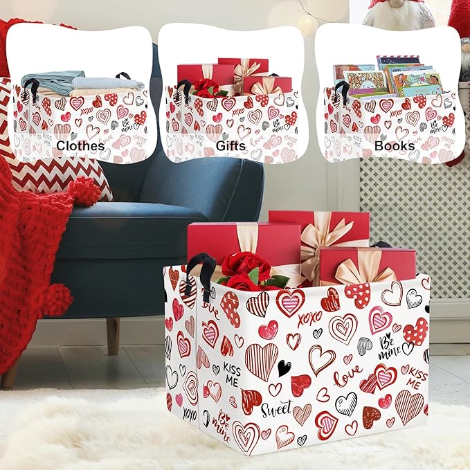 Clastyle Rectangular Line Love Baby Storage Basket Fabric Organizer Bin for Toys Books ClothesGifts Pets, Perfect for Home Office Nursery Dorm Shelf Kid Boy Girl Room(Red Pink Hearts)