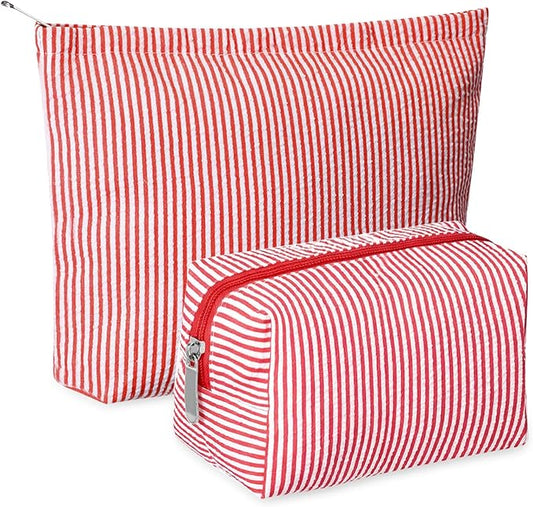 2 Pcs Makeup Bag Set Cute Cosmetic Pouch for Women Seersucker Travel Toiletry Bag Preppy Small Makeup Purse Pouch Aesthetic Skincare Brushes Storage Organizer for Valentine Women(Red)