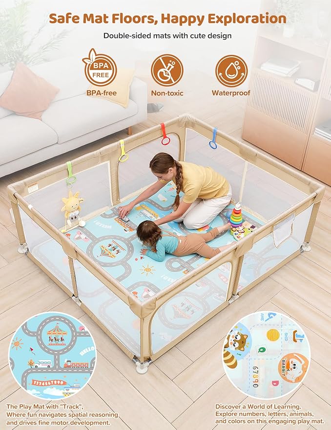 Dripex Baby Playpen with Mat, 71"x59" Play Pen for Toddlers 1-3 Years, Soft Breathable Visible Mesh, Indoor/Outdoor Portable Play Yard with Mat, Safe Baby Fence Play Area, Beige