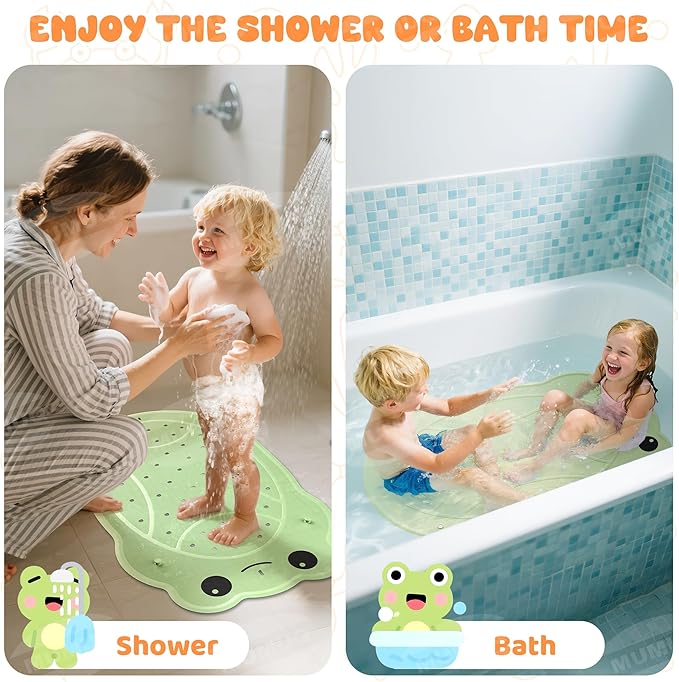 Baby Bath Mat for Tub Non Slip Bathtub Mat Ruber Cartoon Frog Shower Mats for Toddlers and Kids 30"x18" Cute Bath Mats with Suction Cups and Drain Holes, Green