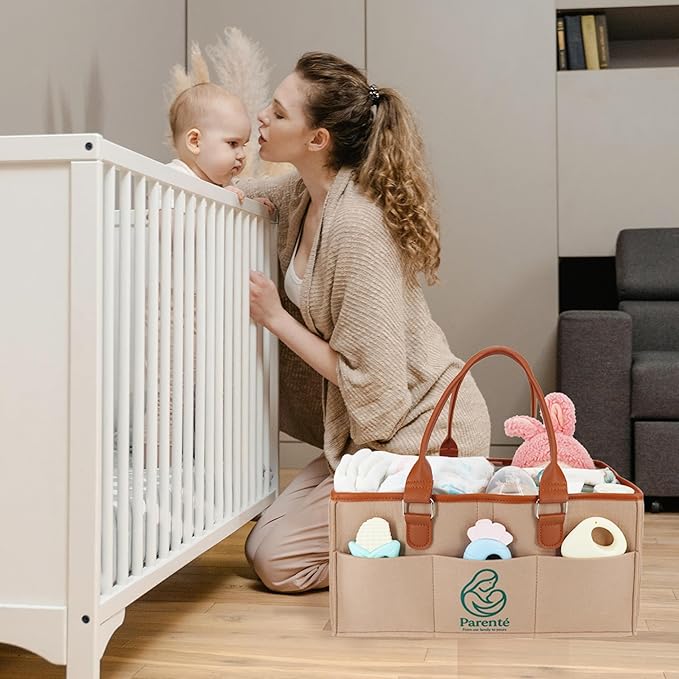 Parenté Diaper Caddy Organizer—Portable Baby Caddy for Baby Stuff, Newborn Essentials Must-Haves, Caddy Organizer with Handle, Ideal Baby Shower Gifts, Nursery Storage Basket for Diapers & Wipes