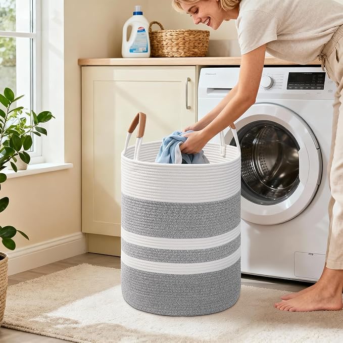 Degeyoyo 60L Striped Laundry Basket, Grey Laundry Hamper with Leather Handles, Woven Cotton Rope Storage Bin for Blankets, Nursery Hamper for Clothes, Toys In Bathroom, Livingroom, Bedroom