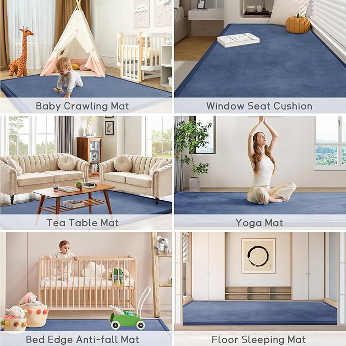 Baby Play Mat for Floor Tummy Time Mat Nursery Muscle Area Rug Playroom Rug Tatami 65"*50" Memory Foam 1.3" Thick Crawling For Babies,Toddlers, Infants, Kids,Floor(Blue)