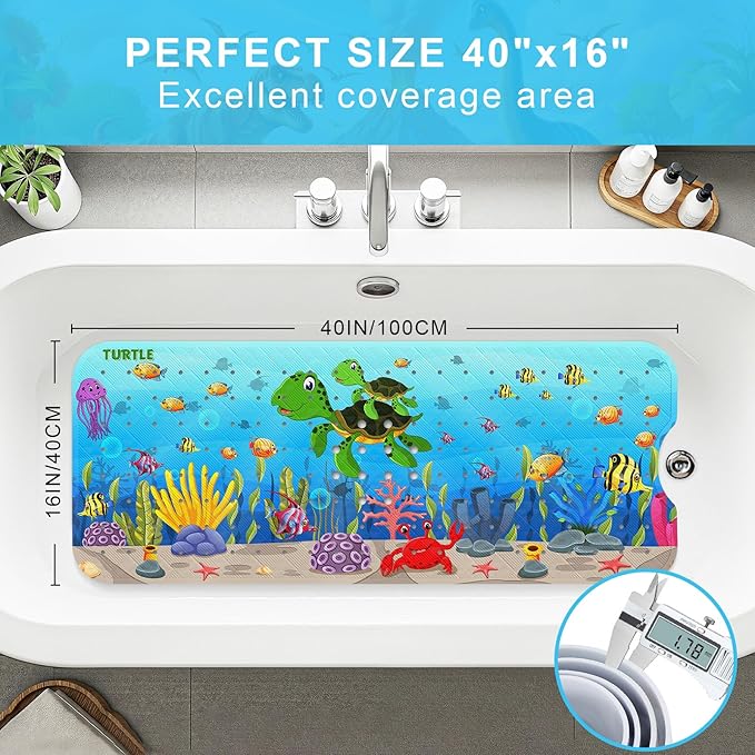 Upgrade Cartoon Baby Bath Mat Non Slip - 40"x16" Extra Long Bathtub Mat for Baby Eco Friendly Durable Bath Mat for Tub Non Slip Kids Tub Mat with Suction Cups, Machine Washable and No Fading, Turtle