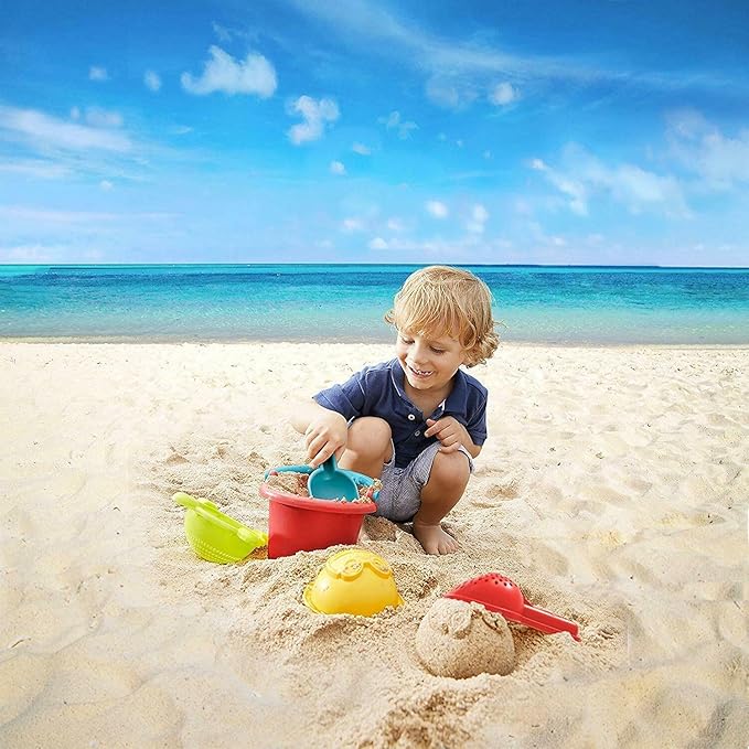 HABA Sand Toys Basic Set - 5 Piece Bundle with Plastic Pail, Sieve, Mold, Scoop and Sifting Shovel Sized just for Toddlers Ages 18 Months +