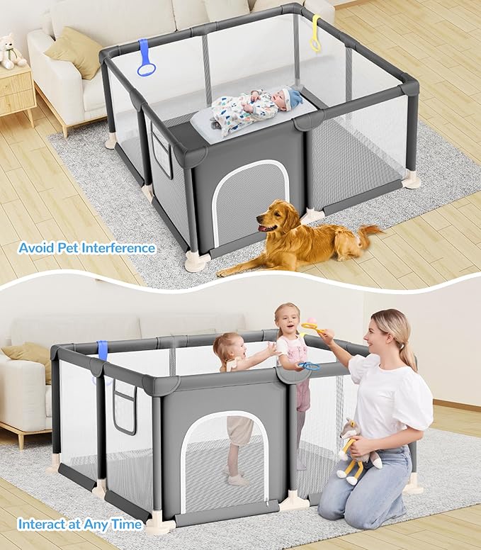 Dripex Baby Playpen, 47×47 Inch Small Playpen for Babies, Enhanced Safety Baby Play Yard for Indoor & Outdoor, Infant Play Pen with Soft Breathable Visible Mesh, Anti-Fall Design & Easy Setup, Grey