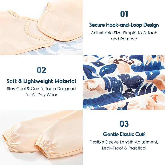 GRSSDER 2 Pack Long Sleeve Baby Feeding Bibs, Super Soft Lightweight Waterproof Coverall Baby Led Weaning Bib with Large Food Catcher Pocket, Adjustable and Easy Clean for 6-30 Months